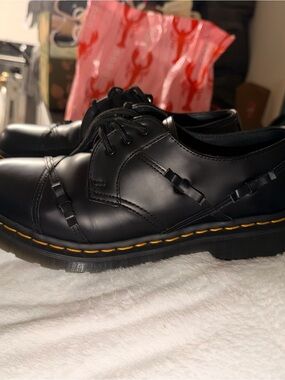 Dr. Martens Black Leather Lace-Up Oxfords with Yellow Stitching